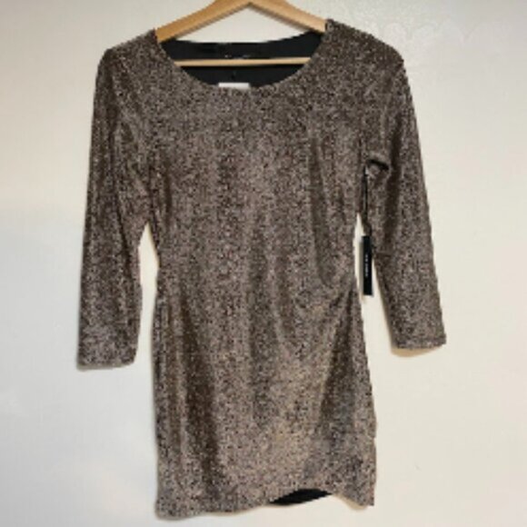 Tahari Metallic Bronze Long-sleeve Women's Ruched Mini Dress Size S NWT - Picture 2 of 12